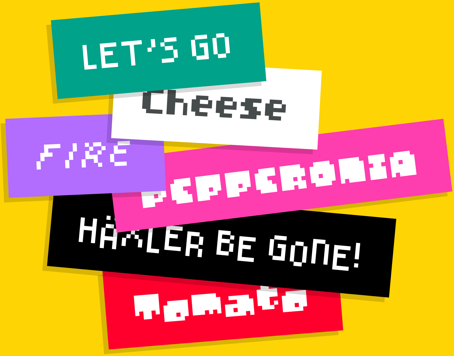 A pile of sample words and phrases set in Pizzascript
